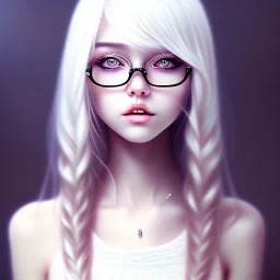 glasses, girl, full body, realistic painting, sueter, emotionless face, long white hair,