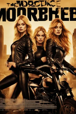 Poster for an action film called "The Motorbike Girls" starring Katherine McNamara, Margot Robbie and Georgia Henshaw wearing tight leather catsuits.