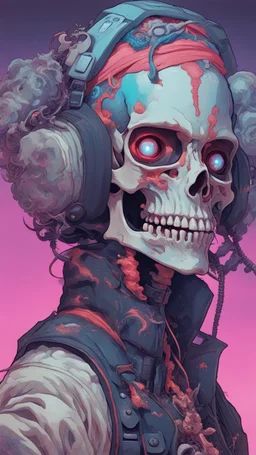 a close up of a person with a skull on their head, blue and black colors, anime skull portrait man, scary detailed art in color, hiroyuki-mitsume takahashi, nychos art aesthetic, half man half skeleton, anime cyberpunk art, colored manga art, rossdraws pastel vibrant, hot colors. insanely detailed, beautiful anime portrait, stunning anime face portrait, scary art in color