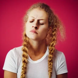 A woman who looks like she has just had a bad day. She is tired and stressed out. Her hair is curly and her eyes look like they have seen better days. She is wearing a red bra underneath her t-shirt. She has long blonde hair tied up in a ponytail. She has light blue eyes. Her lips are full and soft looking. Her skin is pale white.