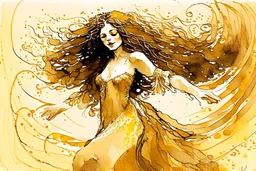 Dynamically dancing long haired brunette woman, in Klimt style, in ochre, watercolor and ink, golden glitters