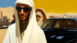 takistan life, oil painting. dr arab cover 1970, closeup dnd style. sunglasses, cape. lawrence of arabia. car race drag.