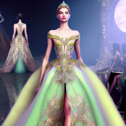 stunning couture gown designed by Marchesa inspired by fairies, realistic epic fantasy colors, detailed, high quality, intricate, fantasyland background,