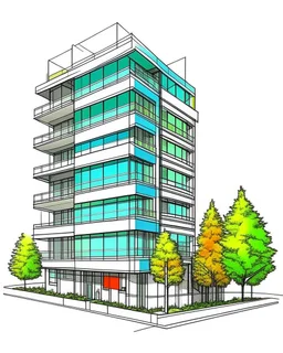 Dibujo arquitectónico de un edificio de cinco pisos, moderno, diseñado aplicando la proporción, estilo minimalista futurista, calidad ultra, gente, árboles, colores complementarios