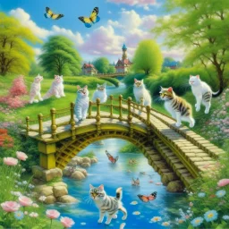 in the center: beautiful chunky cats dancing on a bridge over a blue small river , background: landscape, first plan: pink flowers, sky: white clouds with more cats sitting on them