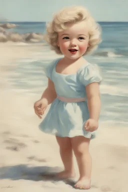 1950s illustration of marilyn monroe as a toddler, on the beach, style of Marcel Marlier, pastel colors