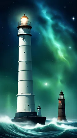 在深蓝色带这些墨绿的银河星空下，波涛汹涌的大海上，有2个灯塔，分布在不同的地方，指引着轮船前行着。