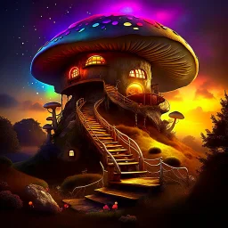 A unusually pretentious rainbow glowing, (((mushroom cottage))) erected atop a (grassy cliff), surrounded with imaginative (((spiraling space))), contrasted by the stark hues of a (nebulous space scape), . captured by the hand a skilled master painter with a focus on (softly textured compositions and voluminous lighting).