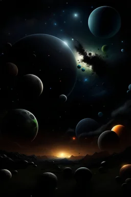 Black sky full of planets