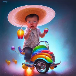 A one-year-old boy rides in the plastic funny toy-car on the middle of a busy street in new york. He has and a large-brimmed straw hat. somehow photographic bright colors and sunset, fantasy art, Anna Dittmann, digital painting, dan mumford, oil on canvas, jeff koons, akihito yoshida, wlop, kodachrome,