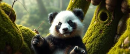 the high speed magical face of a fluffy panda yoga with charm in web from mossy tower, master oil painting by Rembrandt and Escher, in his moss covered space ship , brightened edges to give a sense of depth, motion blur