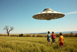 bumper sticker design, westall ufo 1966, lots of school children looking up in a field, mysterious cool, bold