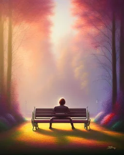 park mystical dream, park bench, man, woman, child, dog, trees, path, bird, sunshine, mystical, fantasy, romanticism, pastel colors, daylight, daytime, acrylic painting, detailed, soft focus,