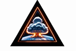 a nuclear explosion cloud, behind an orange glowing omega like shape, all inside an equilateral triangle opening, that is like a window to a different world, radiant lines, sci-fi fantastic