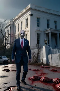 Ultra realistic image, joe biden zombie, zombie performance, suit, skull, blood, torn arm, night, walking twisted, waist up view, thriller style, dark ambient, highly detailed, White House background, concept art, unreal engine 5, god rays, ray tracing, RTX, focal lighting, ultra detail, volumetric lighting, 3d, finely drawn, high definition, high resolution.