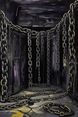A purplish black dungeon with chains painted by Edvard Munch
