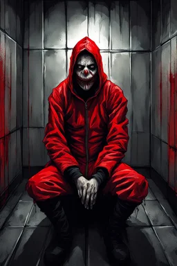 A scary gothic person sits quietly in the middle of a soundproof, padded room conveying intense dramatic emotions in a muted environment, wearing a bright red straitjacket , a mask to cover the mouth area of cannibal evil scary, dark and gothic look, cold eyes, eary ultra detailed,.32k, digital art style with messy paint, hardened sealer appearance, impasto, dramatic Arial view with explosive chaotic background