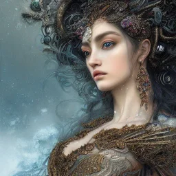 Insanely detailed photograph of an “portrait of gorgeous Roman goddess ” with intricate hair, intricate embroidered dress, beautiful clear face and hyperdetailed painting by Ismail Inceoglu Huang Guangjian and Dan Witz CGSociety ZBrush Central fantasy art album cover art,8K, hdr, romantic, mysterious, ominous, snowflakes, jewelry, comfort, natural eyes, arms open for embrace