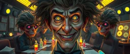 high class realism, dented skin, victorian era, cyber punk, A really close up portrait of one person individually mutated with hairy wigs glowing, messed up uranium creatures in a dimly lit boardroom, with playful expression. The room is filled with scattered papers, glowing vials, and miniature nuclear reactors. Style: whimsical digital illustration, cinematic lighting, colorful