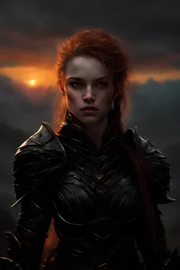 A formidable warrior girl in black armor, on the background Amazing gloomy landscape, flooded with sunset, mountains, trees, fabulous scary hero, , juicy emotions, painting, dark fantasy, gloomy day, dark world, portrait, by James Paick & Anna Razumovskaya