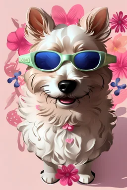 A detailed illustration of a happy yorkshire dog face, wearing trendy sunglasses, t-shirt design, flowers splash, t-shirt design, pastel tetradic colors, 3D vector art, light background, cute and quirky, fantasy art, watercolor effect, bokeh, Adobe Illustrator, hand-drawn, digital painting, bird's-eye view, isometric style, retro aesthetic, focused on the character, 4K resolution