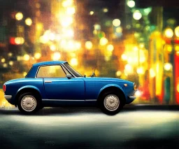 fiat 125p, city. high speed. bokeh. lens flare. warm lights. high detailed. oil on canvas