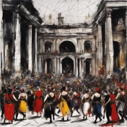 [art by Jean-Paul Riopelle] In ancient Rome, a Roman celebration unfolds in a grand hall, where gladiatrix, dancers, animals, and a clown come together in a wild celebration. The air is thick with the scent of exotic perfumes and the sounds of laughter and music fill the space.