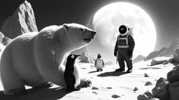 buster keaton as unstable polar growlar bear on the planet of Ceres, with some penguin astronauts