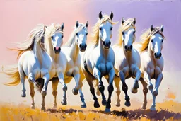 Oil on canvas portrait of seven majestic white horses galloping in a vast, open landscape. They go at full speed, their manes blowing in the breeze. The soft gradient background of pastel pinks and purples creates a serene and dreamy atmosphere. Clear summer weather. The overall effect is one of movement and freedom, capturing the boundless spirit of horses.