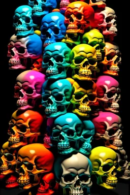 a stack of 1000 anatomically correct cartoonish skulls, vivid colors, dark comedy, well lit, high detail, photorealistic