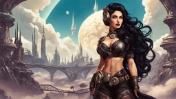 exotic sci-fi steampunk pin-up girl, with long dark hair, on an alien planet with cloud trees, tall spires, buildings, arches and bridges