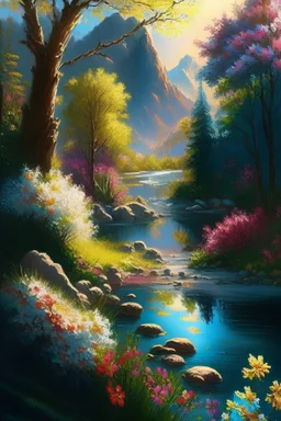 full light,highlight, trees, river, day, sun day, an idyliic forest with bright colorful flowers, mountains, sun,flower, a small river, paradise, on a canvas. realistic art, brush, pencil, detailed