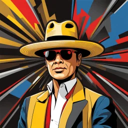 Without glasses Gustavo Petro, comic style artwork, dark yellow, black, red and blue, with wide-brimmed hat, with white shirt, calm,