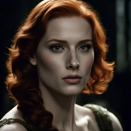 32k uhd, 2000 movie film still, young muscular 8k, RAW photo, highest quality, beautiful girl ((mix jessica chastain christina hendricks)), (detailed face), ((bald head)), (highest quality), (best shadow), intricate details, interior, dark studio, muted colors, freckles, by james cameron, photoreal, 85mm, F1.4, Cinestill 800T, 8k, high quality, photo realistic, photorealistic masterpiece, cinematic lighting,