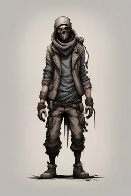 full body of a human scavenger, post-apocalyptic, concept art sketch, blank background