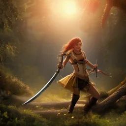 realistic, young spanish pirate girl with a sword, fighing a monster in the forest. 3k, cinematic, gloom lights