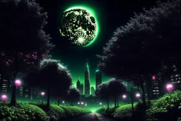 city, sci-fi, night, moon, trees, flowers, gary numan influence