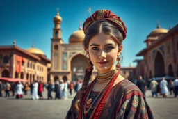 a beautiful girl in folk custom satnding in Tabriz Saat Square. Ultra-detailed, masterpiece quality, award-winning composition, trending on ArtStation, digital art perfection.