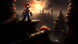 High quality medium shot of Mario on a rooftop, fantasy, epic, landscape, fire, ruins, dragon, demons, buff