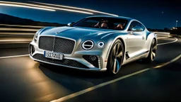A sleek white shiny (((Bentley Jesko))), its contours and details perfectly captured in a (((cinematic view))), zipping along a winding road under a beautiful blue black night sky