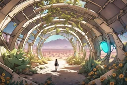 Unground underpunk and solarpunk tunnels, cinematic, extreme dof, dystopian, sci-fi, award-winning, Yui working hard in a garden, National Geographic, breath taking, oxygen farm but outside is a desert, fantasy, magical, geometry