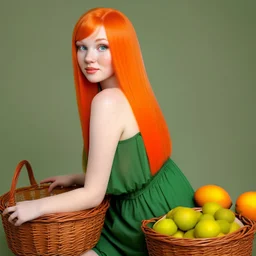 A beautiful young woman with orange hair sitting in a green dress with a basket full of mangoes. All on a light background that can be easily removed.