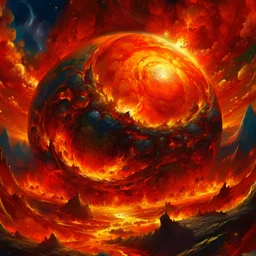 Realistic painting of a fantasy planet on fire, fantasy planet rotating and burning, fantasy special effects, high detail digital painting