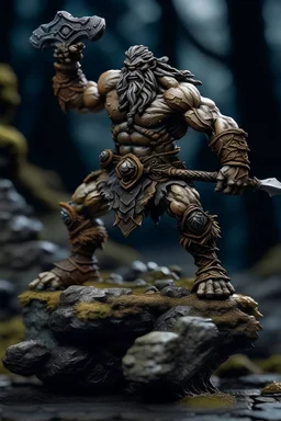 dnd, A barbarian, short, with 4 arms, made of stone, on a rock in the woods, very detailed
