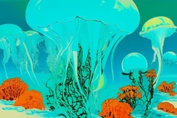 A cyan reef with icy jellyfish painted by Andy Warhol