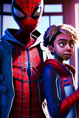a brother and sister with their spiderman suits on with spider man into the spiderverse style