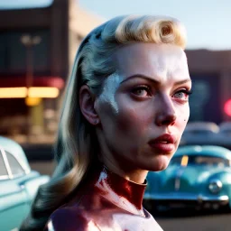 Ultra Realistic retro sci-fi movie Supermarket parking people scene, 1960 year, waist up view portrait, 1 blonde women and 1 octopus alien, sweet scarlet Johansson face, perfect iris, glow eyes, face makeup, tight latex coat. many people looking, Retro sci-fi style, soft color, highly detailed, unreal engine 5, ray tracing, RTX, lumen lighting, ultra detail, volumetric lighting, 3d, finely drawn, high definition, high resolution.