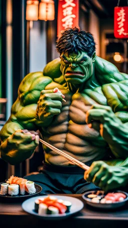 a hulk eating sushi with chopsticks, moody good lighting, best quality, full body portrait, true portrait, complex details, depth of field, Fujifilm xt3, outdoor, beautiful light, raw photo, 8K UHD, police