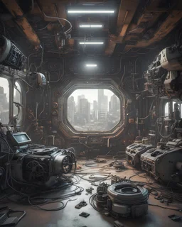 Futuristic room made with engine parts and wires dysoptia cyberage HAWKEN postapocalyptic dysoptia scene photorealistic uhd 8k VRAY highly detailed HDR