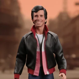 wide view uoung Plastic Fonzie with blackhair toy Action figure doll 1975 realistic (thumbs-up) (face) Forehead grin, fonzarelli, jukebox background, eyes